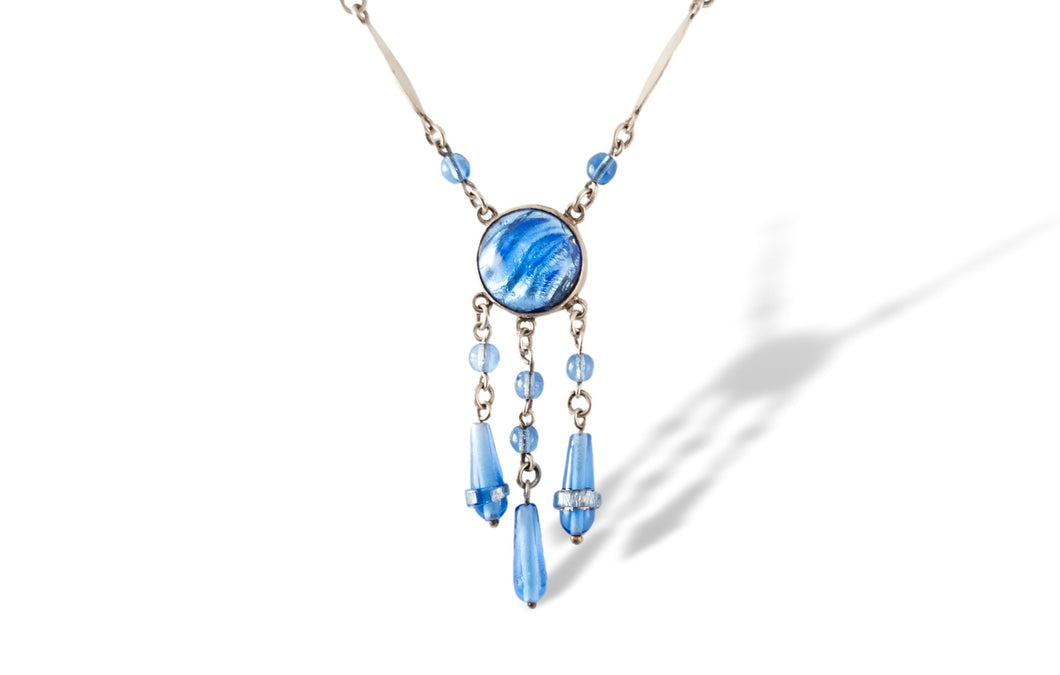 Art Deco blue Czech foil glass necklace sterling silver vintage drop necklace