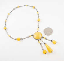 Load image into Gallery viewer, Vintage yellow satin uranium vaseline Czech glass necklace art deco drop necklace signed Czechoslovakia
