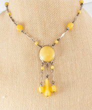 Load image into Gallery viewer, Vintage yellow satin uranium vaseline Czech glass necklace art deco drop necklace signed Czechoslovakia
