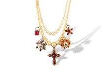 Load image into Gallery viewer, Renaissance cross necklace vintage double strand faux pearls and cross upcycled charm necklace Tudor Gothic
