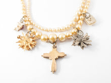 Load image into Gallery viewer, Renaissance cross necklace vintage double strand faux pearls and cross upcycled charm necklace Tudor Gothic
