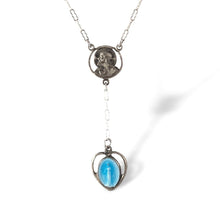 Load image into Gallery viewer, Vintage blue enamel Miraculous heart medal Y necklace
