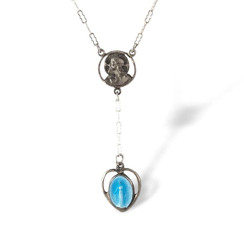 Vintage blue enamel Miraculous heart medal Y necklace