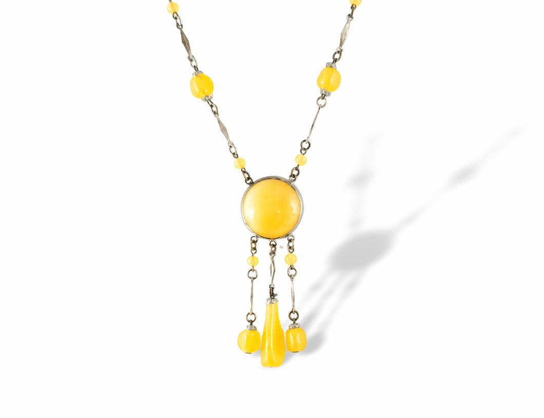 Vintage yellow satin uranium vaseline Czech glass necklace art deco drop necklace signed Czechoslovakia