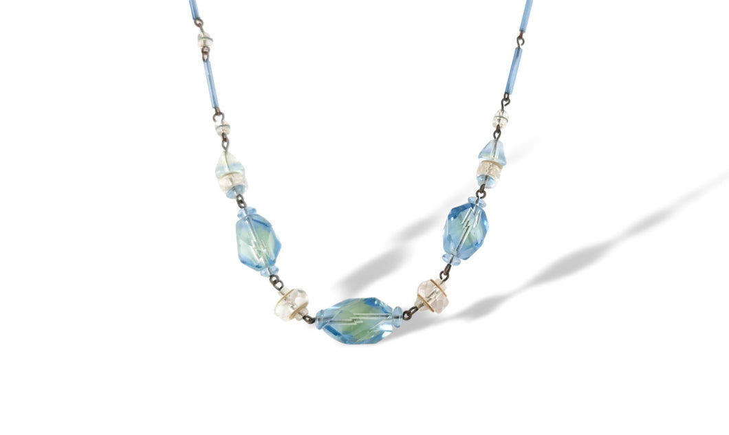 Uranium vaseline beaded blue glass necklace vintage art deco jewelry