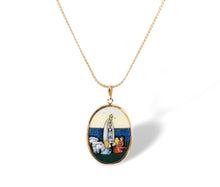 Load image into Gallery viewer, Fatima hand painted miniature pendant necklace 14k yellow gold Our Lady of Fatima religious Catholic vintage jewelry
