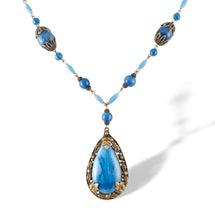 Load image into Gallery viewer, Stunning art deco blue satin Czech glass and brass necklace.
