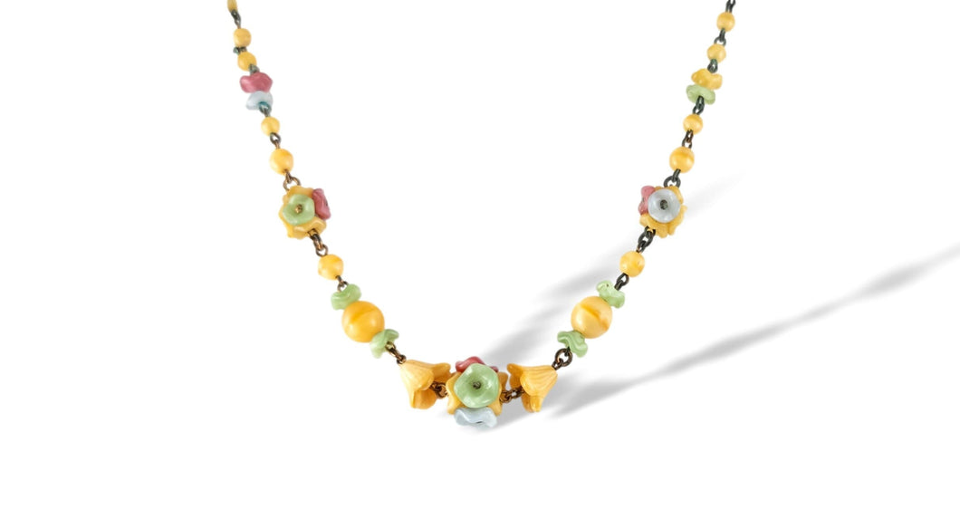 Vintage art Deco flower Czech glass necklace uranium vaseline glass jewelry