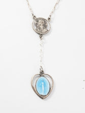 Load image into Gallery viewer, Miraculous medal necklace sterling silver vintage blue enamel Virgin Mary heart charm Y necklace religious Catholic jewelry
