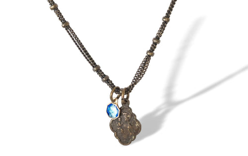 Antique bronze Saint Anne medal necklace with tiny Our Lady of Lourdes blue enamel medal