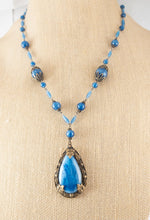 Load image into Gallery viewer, Vintage art deco satin blue Czech glass necklace signed Czechaslovakia
