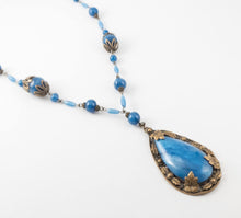 Load image into Gallery viewer, Vintage art deco satin blue Czech glass necklace signed Czechaslovakia
