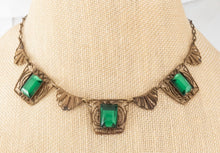 Load image into Gallery viewer, Vintage green Vauxhall glass necklace art deco mirrored glass necklace
