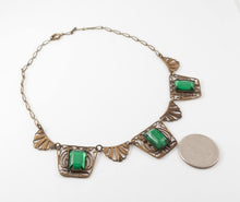 Load image into Gallery viewer, Vintage green Vauxhall glass necklace art deco mirrored glass necklace
